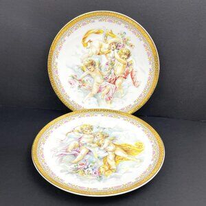Vintage Set of 2 T. Limoges Porcelain Cherub Plates w/Gold Trim Angel Decor